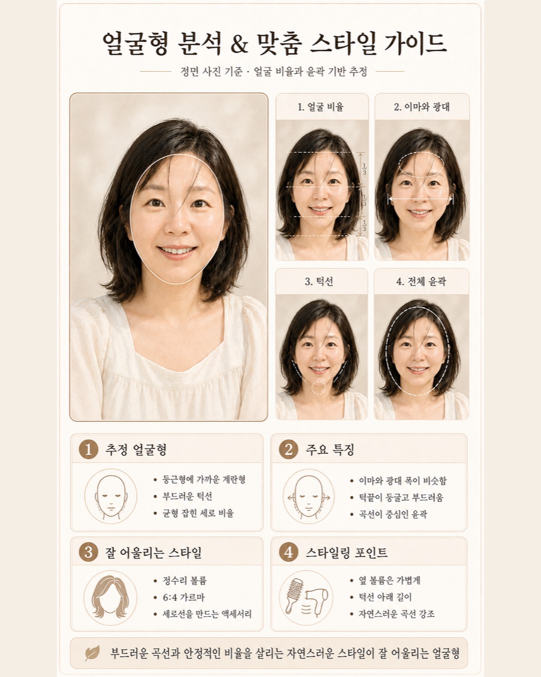 얼굴형 분석 카드 예시 — 비율, 이마·광대·턱선 특징과 스타일 방향