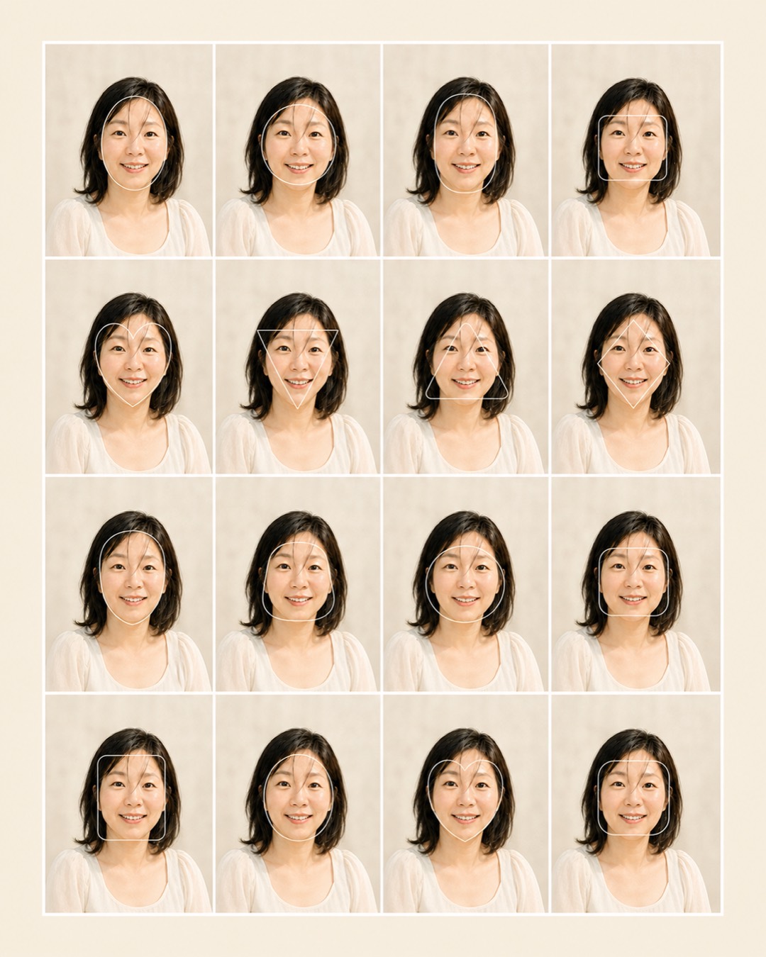 얼굴형 4×4 비교 이미지 예시 — 16가지 얼굴형 윤곽선