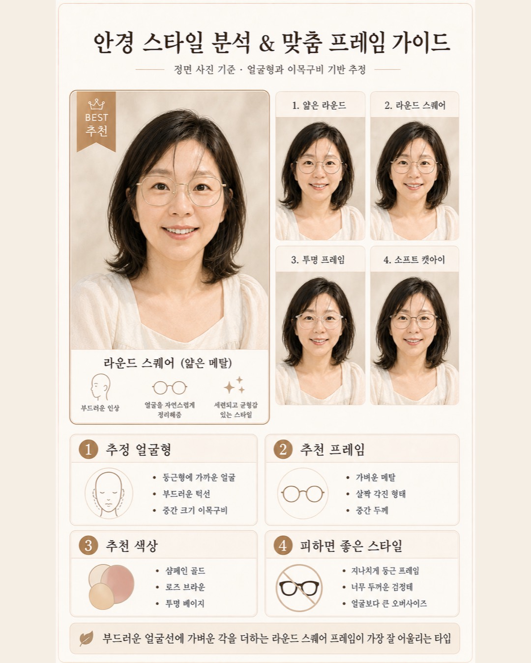 안경 프레임 분석 카드 예시 — 추천 모양·두께·소재·색상
