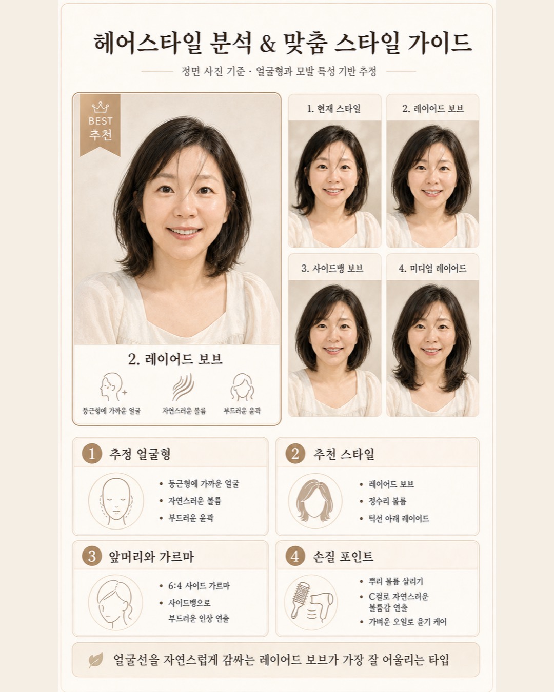 헤어스타일 분석 카드 예시 — 추천 길이·볼륨·앞머리와 주문 문장