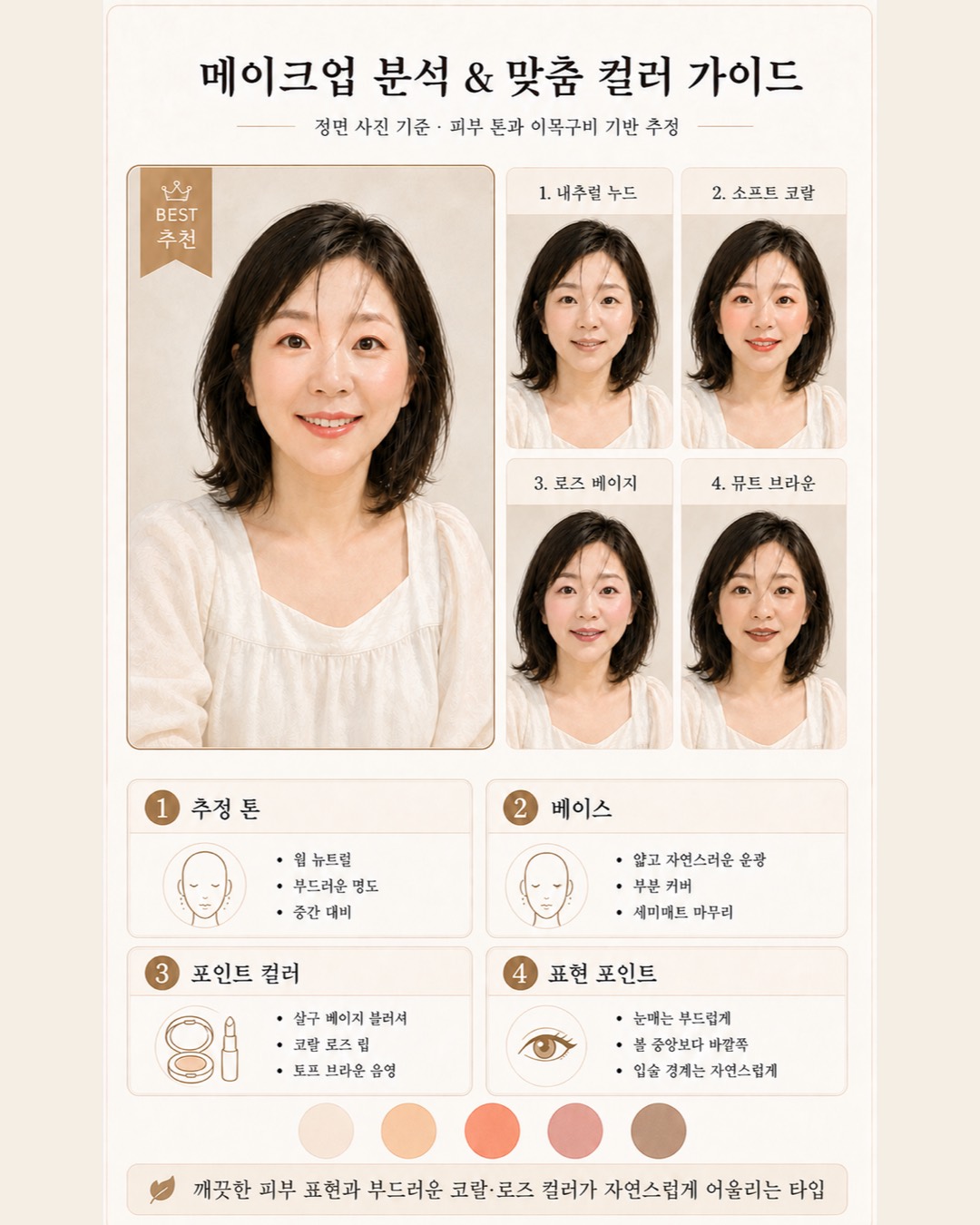 메이크업 분석 카드 예시 — 베이스·눈썹·아이·블러셔·립 추천