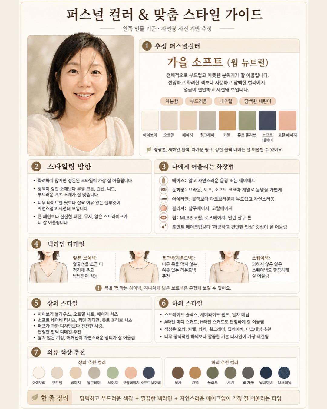 퍼스널컬러 분석 카드 예시 — 추정 톤, 어울리는 색, 메이크업·옷 방향