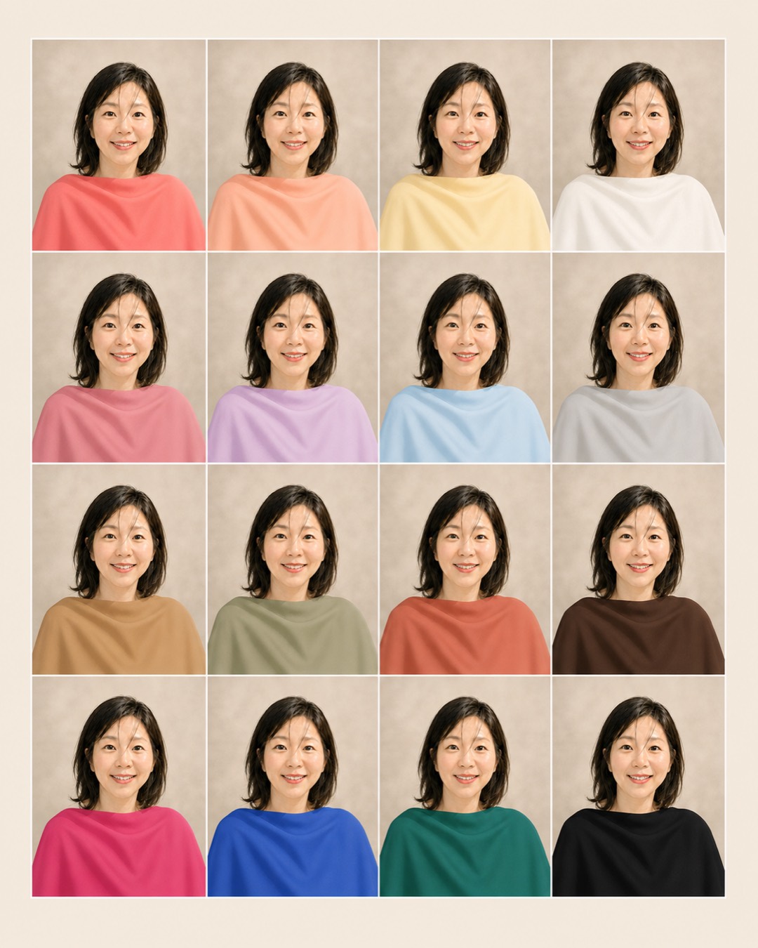 퍼스널컬러 4×4 비교 이미지 예시 — 16색 컬러 드레이프